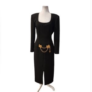 Vintage Joseph Ribkoff Black Dress with Gold Medallion, Slit at Front